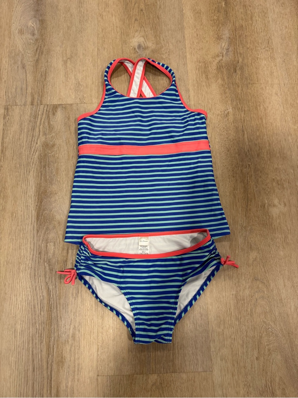L.L. Bean Girls Blue Striped Tankini with Coral Trim